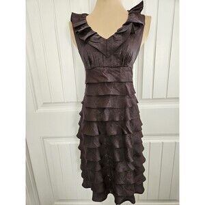 London Times Dress Sz 6 Sheath Brown Shimmery Shutter Tiered Ruffle Cocktail